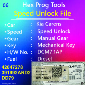 6-Kia Carens Speed Unlock File Manual Gear Key Start DCM7.1AP 42047278 391992ARD2 DD79 Hex Prog Tools File