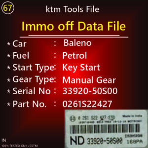 Immo Off File Baleno Petrol Mechanical Key start Manual Gear Part No 0261S22427 33920-50S00 Ktm Tools File ND 168PA