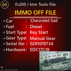 Immo Off File Chevrolet Sail Diesel Manual Key Start Bosch Ecm EDC17C18 0281019734 E23 55593042 ABM3 55581398 Ktm Tools File
