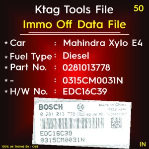 Immo Off File Mahindra xylo E4 Mechanical Key start Manual Gear Part No 0281013778 Hardware No EDC16C39 FRONT CAM SNSR 0315CM0031N Ktag Tools File