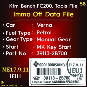 Immo Off File Verna Petrol Manual Gear Mechanical Key Start ME17.9.11 IEU1 39113-2B700 TC1766 ktm Bench tools
