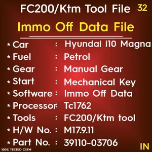 immo off Data Hyundai i10 Magna Model 2011 Manual Gear Petrol Mechanical Key Start M17.9.11 TC1762 39110-03706 FC200 tool file