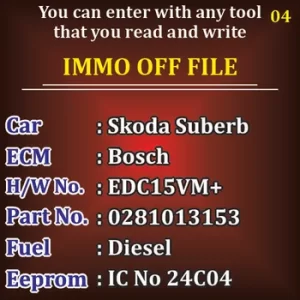 Skoda Suberb Diesel Org Eeprom IC 24C04 Immo Off file EDC15VM+