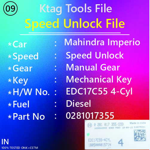 Speed Unlock File Mahindra Imperio Diesel Manual Gear Key Start EDC17C55 4CYL 0281017355 Ktag Tools File