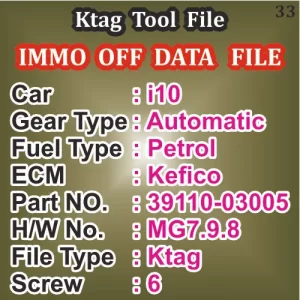 i10 AUTOMATIC 39110-03005 6 SCREW IMMO OFF DATA